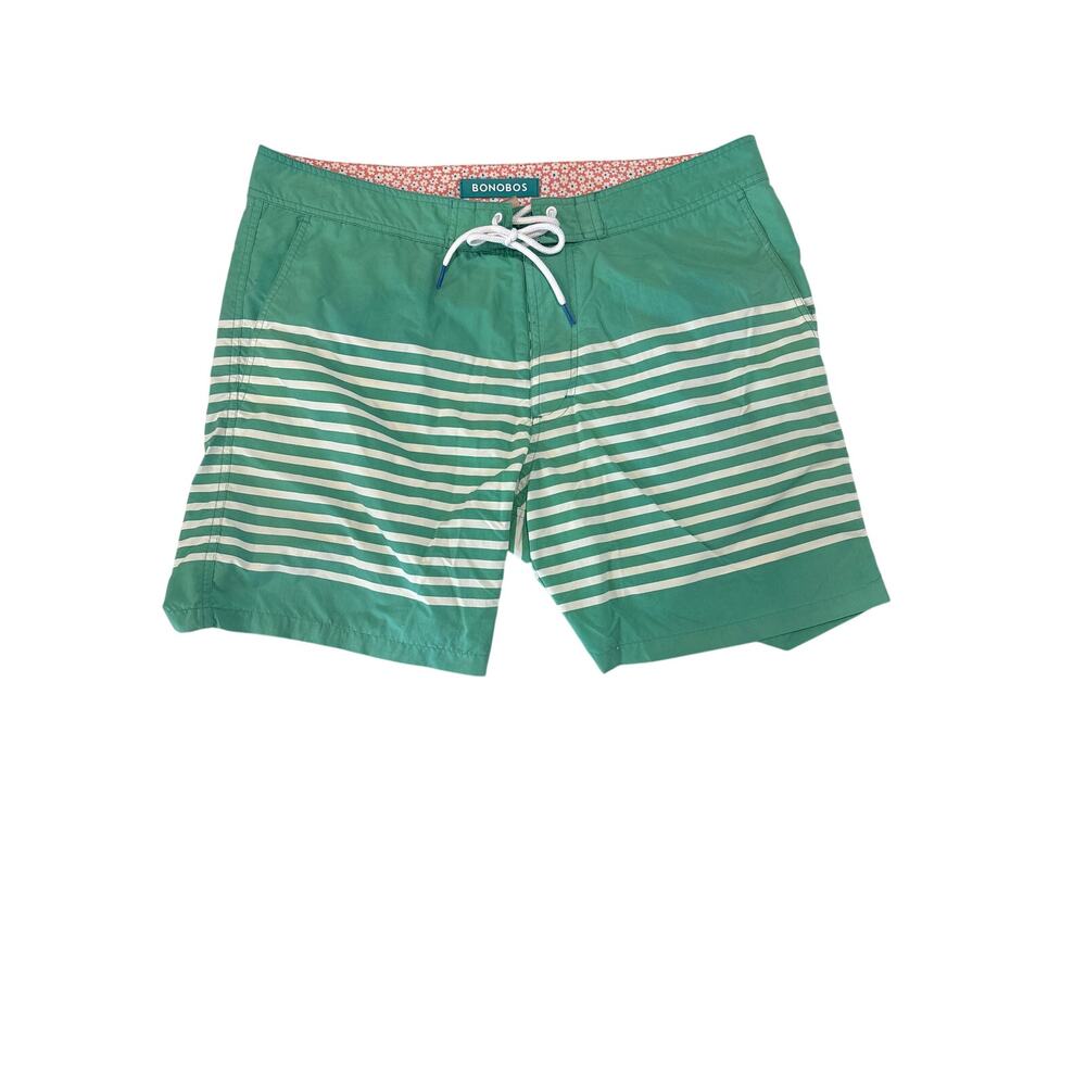 Bonobos men's Sz 33 Inseam 7 boardshorts teal white striped drawcord closure